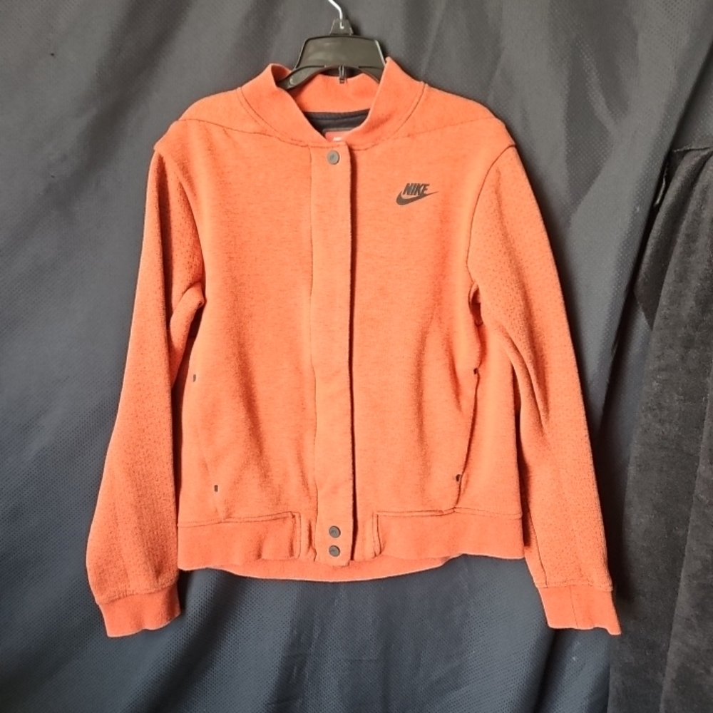 Nike‎ Tech Women's Fleece Heather Orange Black Zip Destroyer Bomber Jacket Sz S